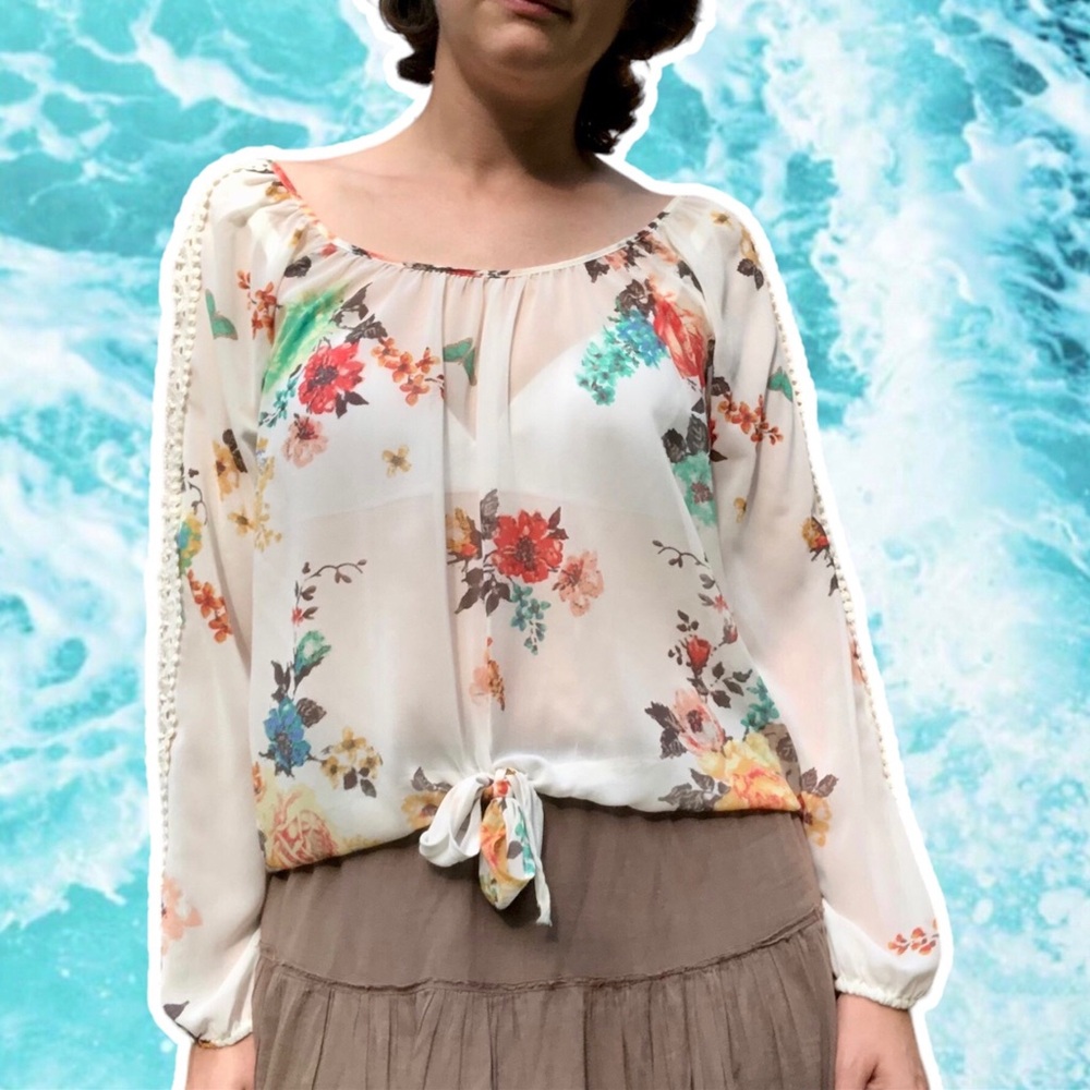 Sheer Floral Cream Peasant Top with Lace Insets and Tie Detail, Size S